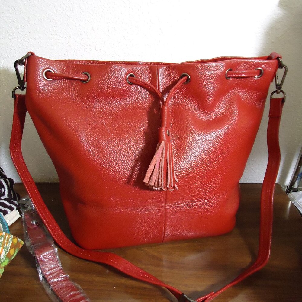 LN Damero Red Leather 2 Way Carry Drawstring Bucket Bag 2 Tassels As Is